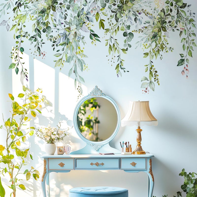 VePret Green Plants Leaves Wall Decals Peel and Stick, Large Floral Flowers Wall Stickers, Removable Vine Home Decor Art for Bedroom Living Room Classroom Office - Image 1