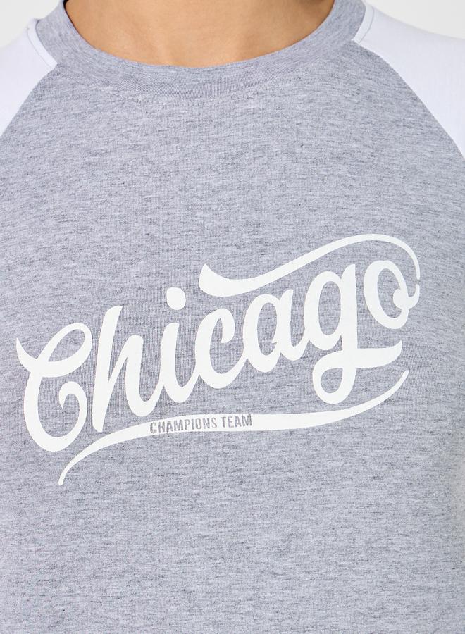 Styli Cotton Stretch Color Block Chicago Slogan Fitted T-Shirt  - Image 4