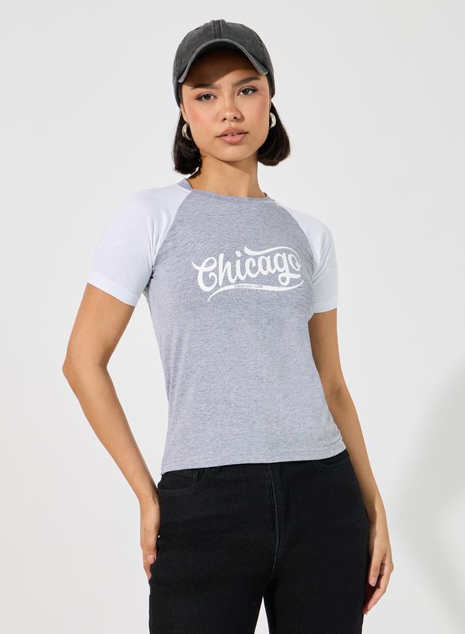 Styli Cotton Stretch Color Block Chicago Slogan Fitted T-Shirt  - Image 1