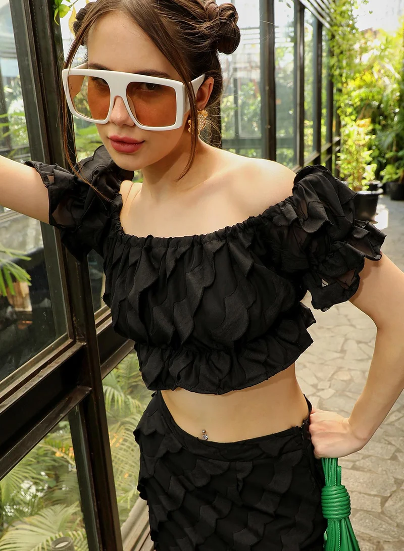 PINACOLADA PINACOLADA Women's Midnight Black Sheer Self-Design Co-Ord Set With Slit For Casual Wear | Off-Shoulder | Puff Sleeves | Zipper Closure | Co-Ords Crafted With Comfort Fit For Everyday Wear