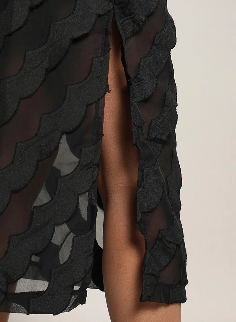 PINACOLADA PINACOLADA Women's Midnight Black Sheer Self-Design Co-Ord Set With Slit For Casual Wear | Off-Shoulder | Puff Sleeves | Zipper Closure | Co-Ords Crafted With Comfort Fit For Everyday Wear