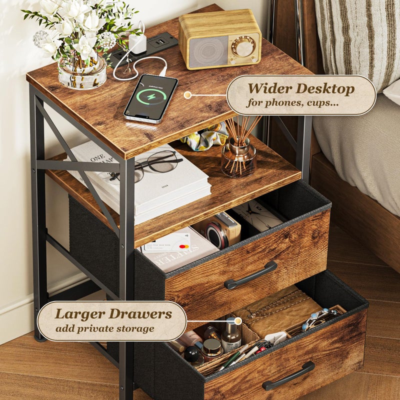 Huuger Night Stand with Charger Station, 2 Drawer Nightstand with Open Shelf, Bed Side Table with USB-C Port, End Table, Compact Size for Small Spaces, X Shaped Side Rail, Rustic Brown - Image 5