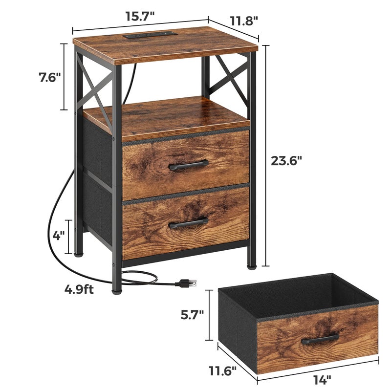 Huuger Night Stand with Charger Station, 2 Drawer Nightstand with Open Shelf, Bed Side Table with USB-C Port, End Table, Compact Size for Small Spaces, X Shaped Side Rail, Rustic Brown - Image 3