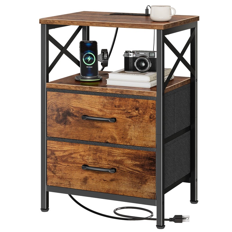Huuger Night Stand with Charger Station, 2 Drawer Nightstand with Open Shelf, Bed Side Table with USB-C Port, End Table, Compact Size for Small Spaces, X Shaped Side Rail, Rustic Brown - Image 1