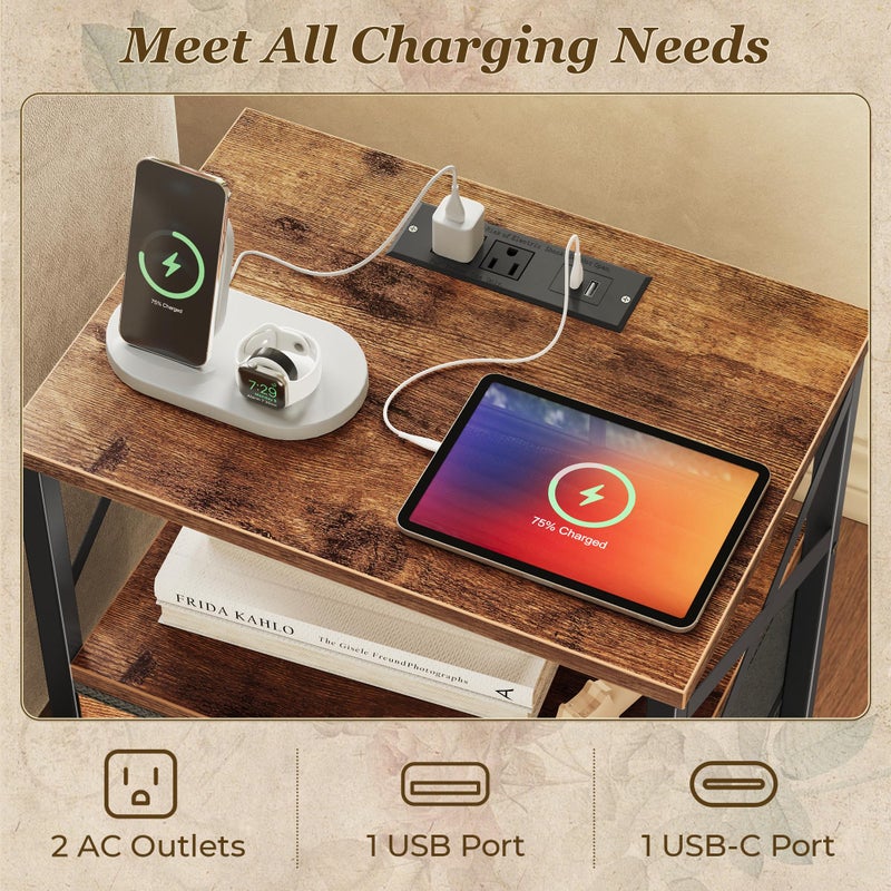 Huuger Night Stand with Charger Station, 2 Drawer Nightstand with Open Shelf, Bed Side Table with USB-C Port, End Table, Compact Size for Small Spaces, X Shaped Side Rail, Rustic Brown - Image 4