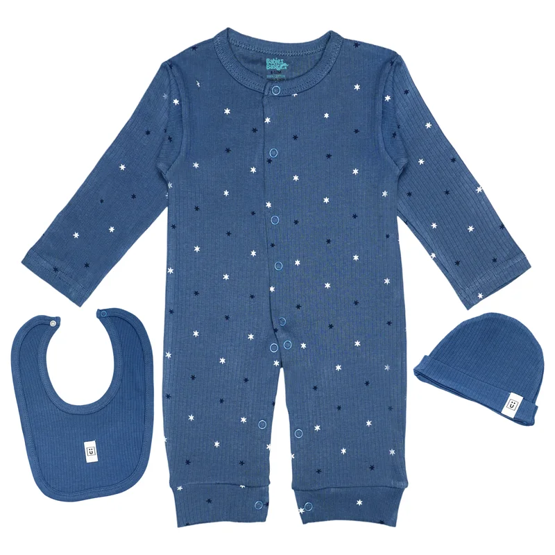 Babies Basic Babies Basic Ribbed Cotton Set with Sleepsuit/Romper, Cap and Bib