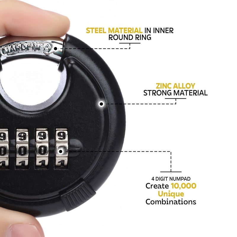 MIORAH Combination Disc Padlock – Heavy Duty Keyless Number Lock with 4-Digit Code Stainless Steel Shackle | Anti-Cut Security Lock for Gate, Garage, Locker, Outdoor Use (Black) - Image 3