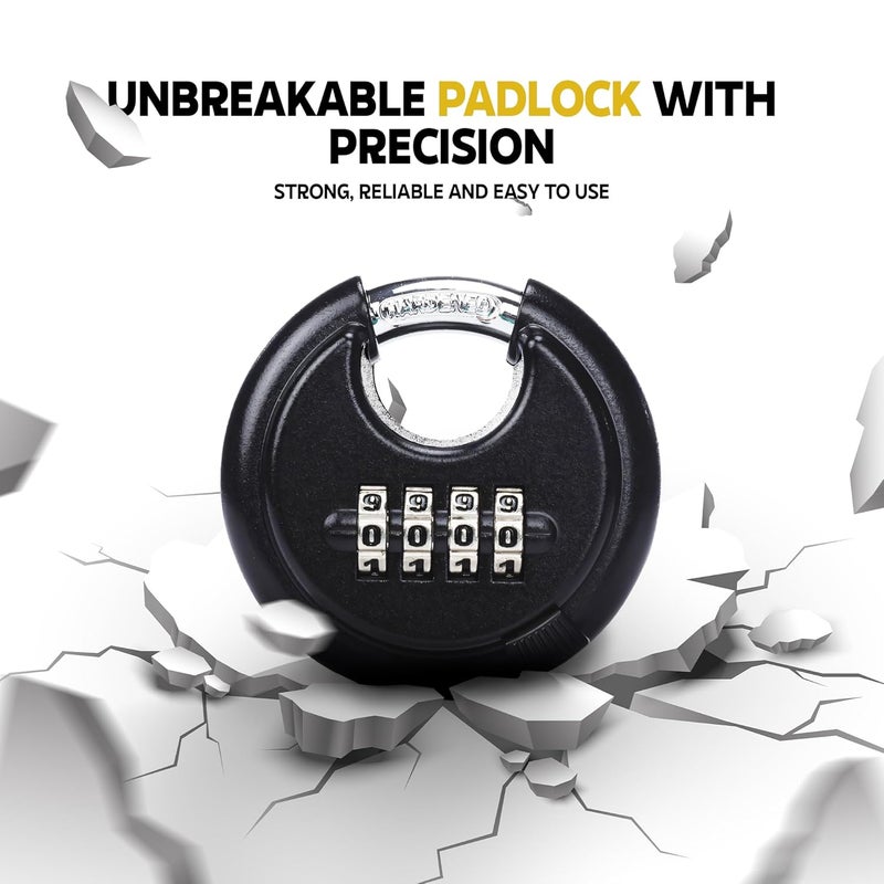 MIORAH Combination Disc Padlock – Heavy Duty Keyless Number Lock with 4-Digit Code Stainless Steel Shackle | Anti-Cut Security Lock for Gate, Garage, Locker, Outdoor Use (Black) - Image 5