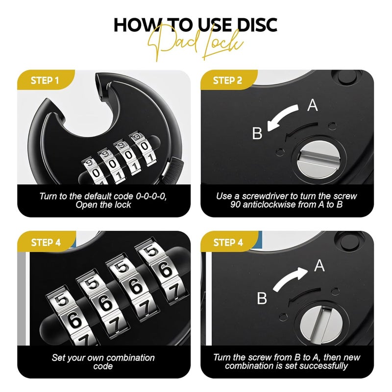 MIORAH Combination Disc Padlock – Heavy Duty Keyless Number Lock with 4-Digit Code Stainless Steel Shackle | Anti-Cut Security Lock for Gate, Garage, Locker, Outdoor Use (Black) - Image 4