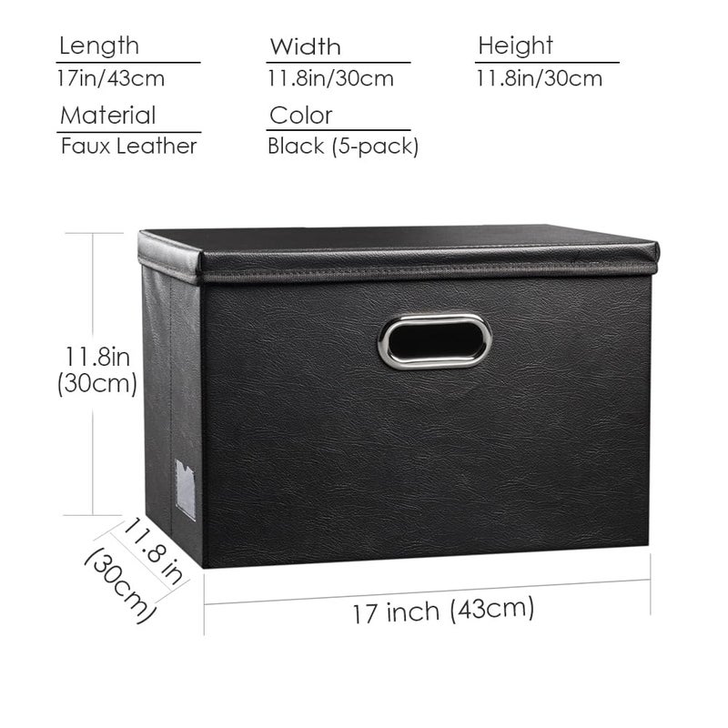 PRANDOM Large Stackable Storage Boxes with Lids [5-Pack] Leather Fabric Foldable Storage Bins Organizer Containers Baskets Cubes with Cover for Bedroom Closet Office Nursery Black(17.7x11.8x11.8) - Image 5