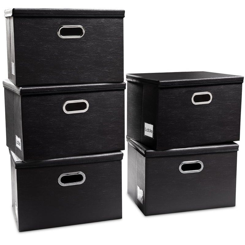 PRANDOM Large Stackable Storage Boxes with Lids [5-Pack] Leather Fabric Foldable Storage Bins Organizer Containers Baskets Cubes with Cover for Bedroom Closet Office Nursery Black(17.7x11.8x11.8) - Image 1