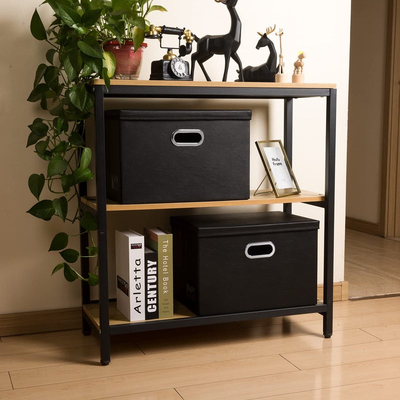 PRANDOM Large Stackable Storage Boxes with Lids [5-Pack] Leather Fabric Foldable Storage Bins Organizer Containers Baskets Cubes with Cover for Bedroom Closet Office Nursery Black(17.7x11.8x11.8) - Image 3