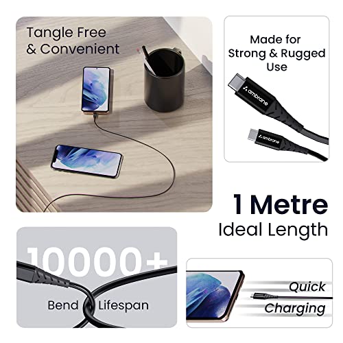 Ambrane 60W / 3A Fast Charging Output Type C To Usb Cable with Type-C to USB for Mobile, Neckband, True Wireless Earphone Charging, 480mbps Data Sync Speed, 1m Length (ACT - AZ10, Black) - Image 2