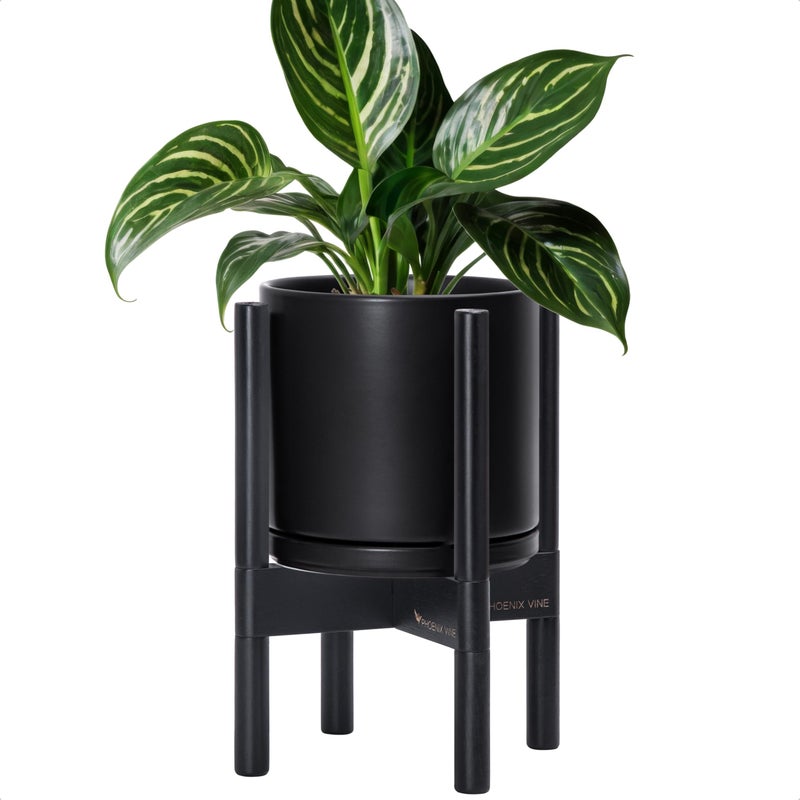 D'vine Dev Ceramic Planter with Ebony Stand - 8 Inch Modern Round Flower Pot with Wood Planter Holder, Black, 55-B-M-2 - Image 1