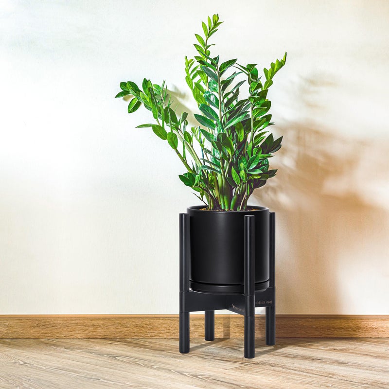 D'vine Dev Ceramic Planter with Ebony Stand - 8 Inch Modern Round Flower Pot with Wood Planter Holder, Black, 55-B-M-2 - Image 2