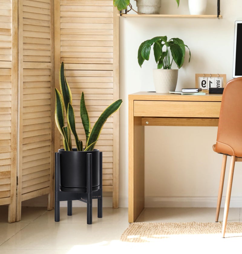 D'vine Dev Ceramic Planter with Ebony Stand - 8 Inch Modern Round Flower Pot with Wood Planter Holder, Black, 55-B-M-2 - Image 4