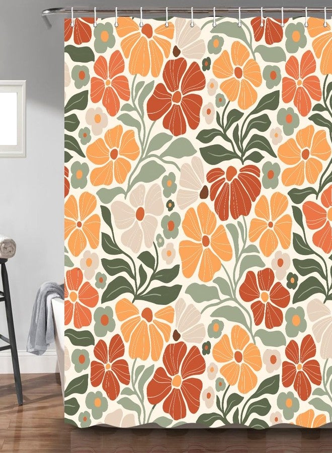 Hajmsug Orange Boho Flower Shower Curtain Cute Colorful Sage Linen Abstract Shower Curtain Set Retro Floral Plants Spring Funky Wildflower Fabric Cloth Bathroom Decor Set with 12 Hooks 71X71 Inch - Image 1