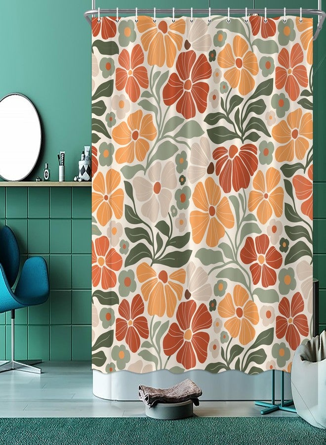 Hajmsug Orange Boho Flower Shower Curtain Cute Colorful Sage Linen Abstract Shower Curtain Set Retro Floral Plants Spring Funky Wildflower Fabric Cloth Bathroom Decor Set with 12 Hooks 71X71 Inch - Image 2
