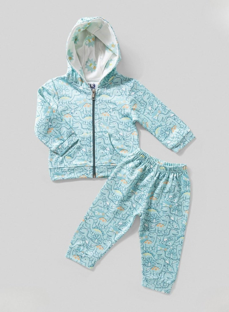 full moon 1 Baby Dinosaur Print Hoodie and Pants Set, Light Blue, 2-Piece