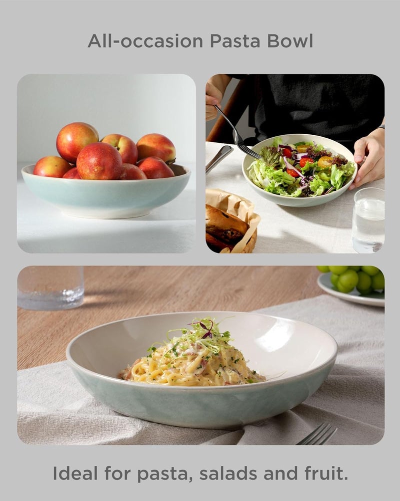 Famiware طقم 4 أطباق باستا كبيرة فامي وير 87 سعة 34 أونصة من الخزف لأطباق السلطة وطبق تقديم للأطباق والمعكرونة والفواكه والسلطة وحساء المعكرونة والعشاء آمن للاستخدام في الميكروويف وغسالة الصحون سلسلة غلاسيير أكوا - Image 4