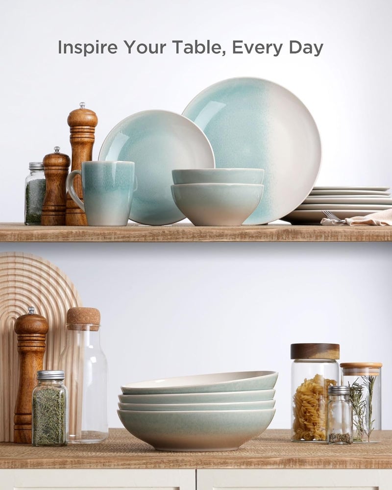 Famiware طقم 4 أطباق باستا كبيرة فامي وير 87 سعة 34 أونصة من الخزف لأطباق السلطة وطبق تقديم للأطباق والمعكرونة والفواكه والسلطة وحساء المعكرونة والعشاء آمن للاستخدام في الميكروويف وغسالة الصحون سلسلة غلاسيير أكوا - Image 5