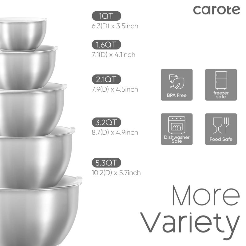 CAROTE Stainless Steel Mixing Bowls with Lids Set,12 Pcs Nesting Bowls Clear Airtight Lids 3 Grater Attachments,Non-Slip Bottoms & Measurement Marks Mixing Bowls,Size 5,3,2,1.5,1QT - Image 2