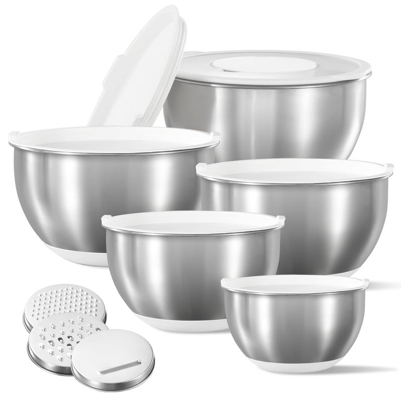 CAROTE Stainless Steel Mixing Bowls with Lids Set,12 Pcs Nesting Bowls Clear Airtight Lids 3 Grater Attachments,Non-Slip Bottoms & Measurement Marks Mixing Bowls,Size 5,3,2,1.5,1QT - Image 1