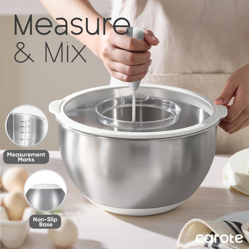 CAROTE Stainless Steel Mixing Bowls with Lids Set,12 Pcs Nesting Bowls Clear Airtight Lids 3 Grater Attachments,Non-Slip Bottoms & Measurement Marks Mixing Bowls,Size 5,3,2,1.5,1QT - Image 3