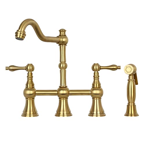 Akicon Two-Handles Bridge Kitchen Faucet with Side Sprayer (Brushed Gold) - Image 1