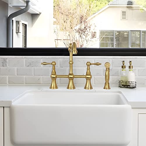 Akicon Two-Handles Bridge Kitchen Faucet with Side Sprayer (Brushed Gold) - Image 2