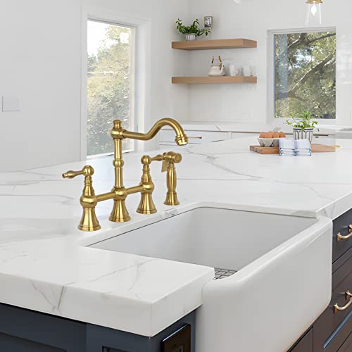 Akicon Two-Handles Bridge Kitchen Faucet with Side Sprayer (Brushed Gold) - Image 3
