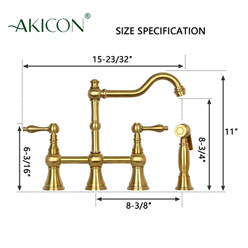 Akicon Two-Handles Bridge Kitchen Faucet with Side Sprayer (Brushed Gold) - Image 5