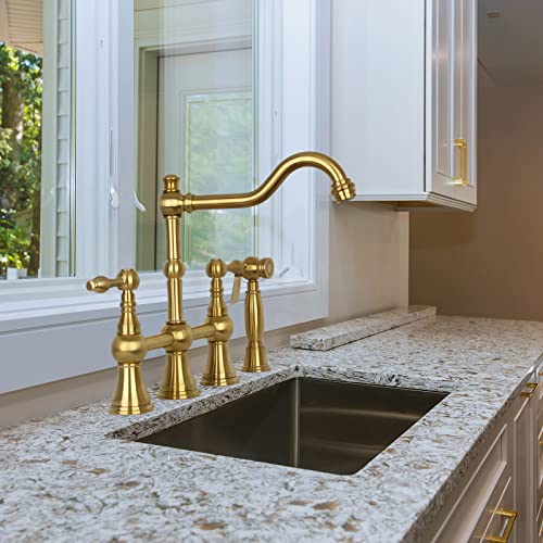 Akicon Two-Handles Bridge Kitchen Faucet with Side Sprayer (Brushed Gold) - Image 4