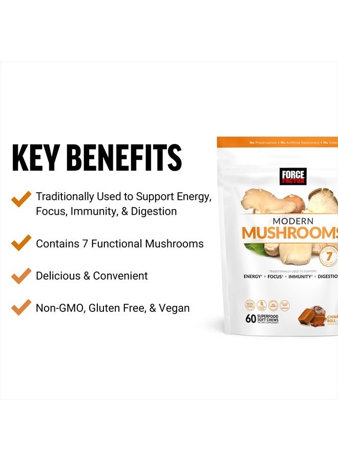 FORCE FACTOR Modern Mushrooms Soft Chews, Mushroom Supplement with Lions Mane, Turkey Tail, & Cordyceps to Support Energy, Focus, Immunity, & Digestion, Cinnamon Roll, 60 Soft Chews - Image 2
