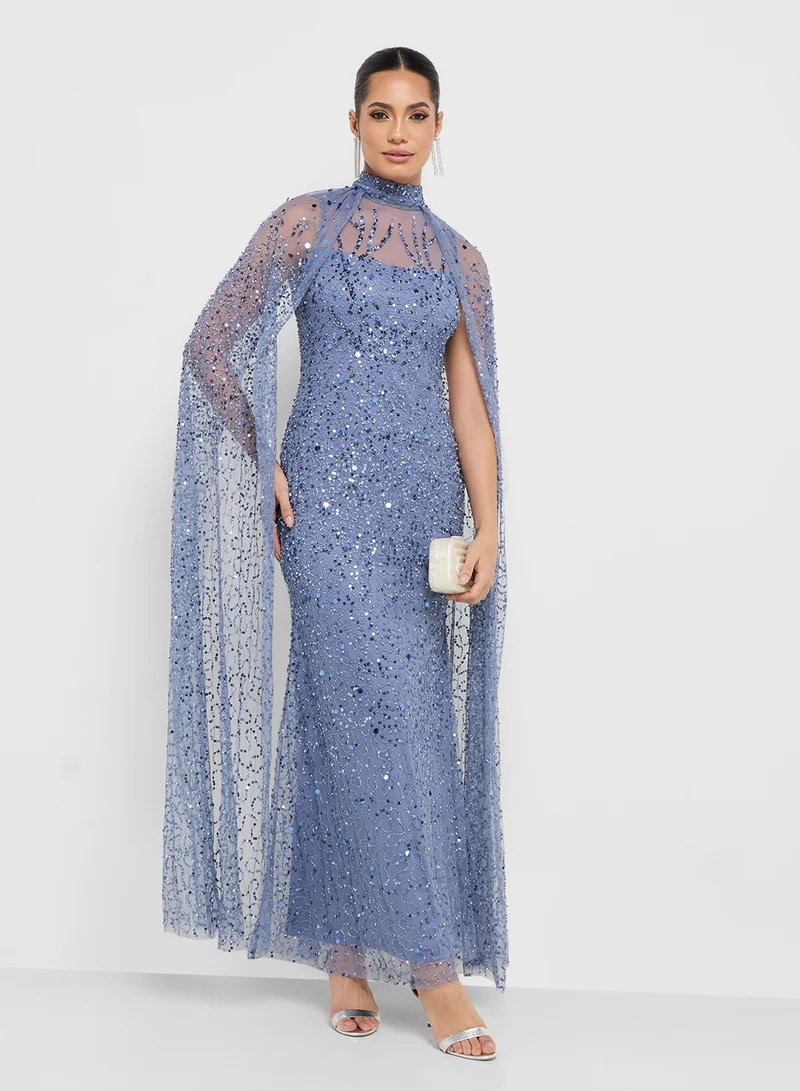 Namshi x Sequin Embellished Gown With Cape