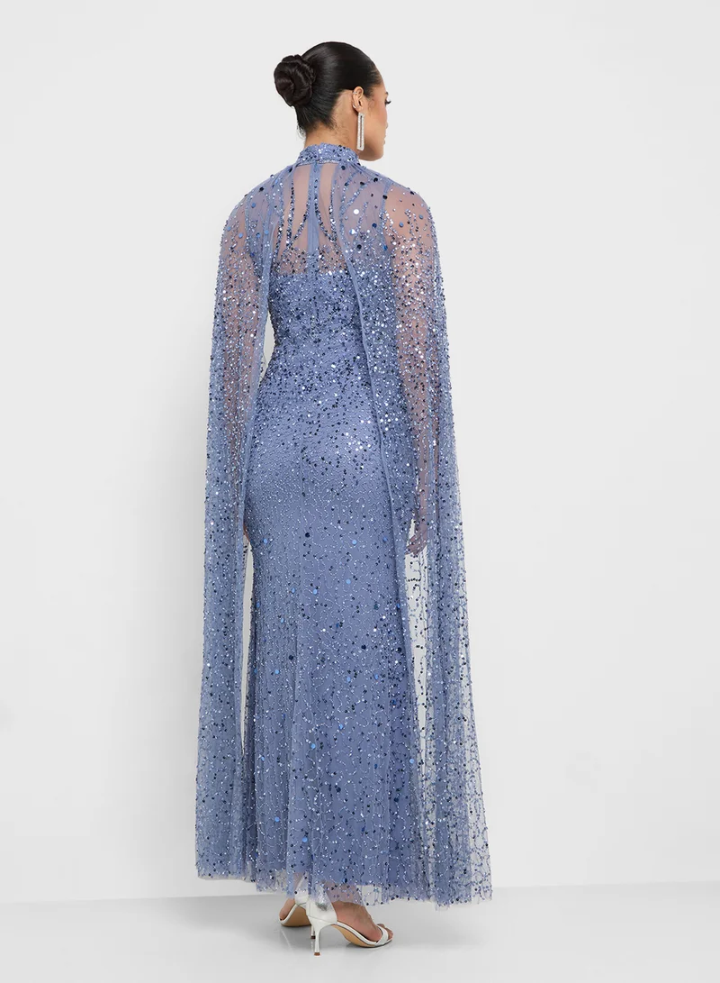 Namshi x Sequin Embellished Gown With Cape