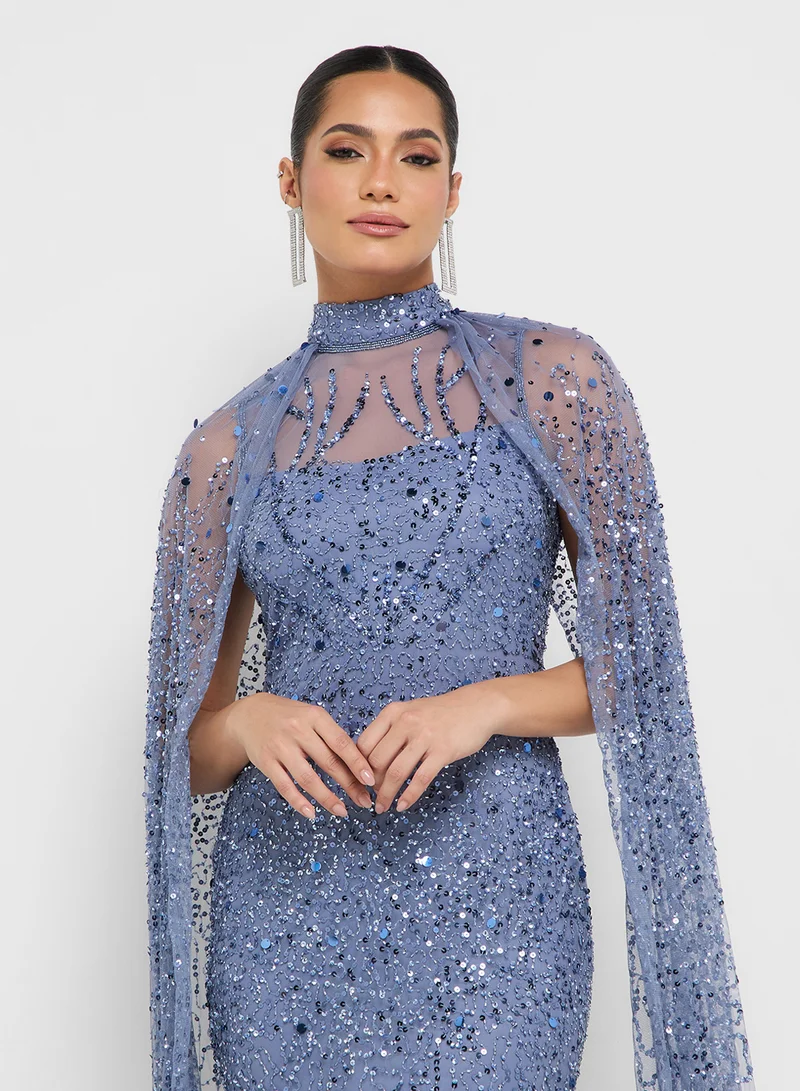 Namshi x Sequin Embellished Gown With Cape