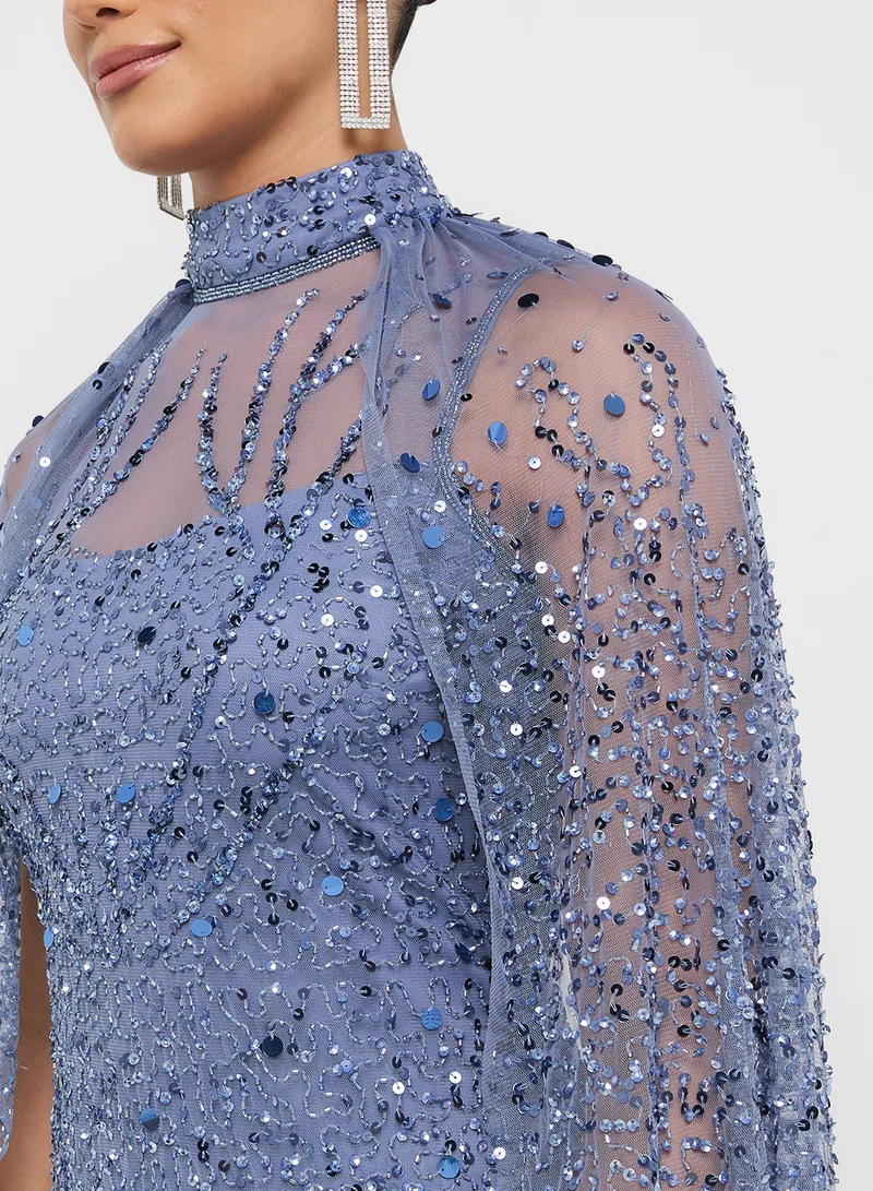 Namshi x Sequin Embellished Gown With Cape