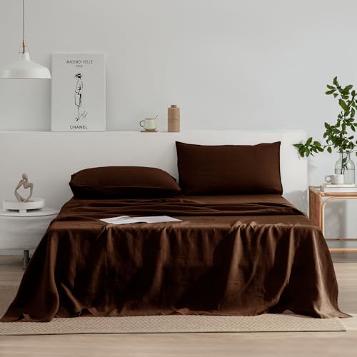 EVERLY Linen Sheets Set King Size100 French Stonewash Pure Linen Bed Sheets4Pieces 1Flat Sheet1Fitted Sheet2Pillowcase Suitable for Hot SleepersDeep Pocket Natural Bedding SetChocolate - Image 1