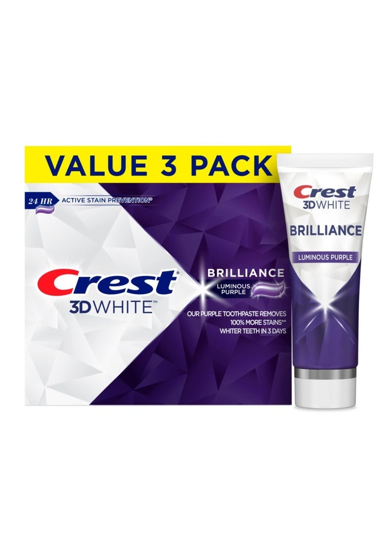 Crest Crest 3D White Brilliance Luminous Purple Teeth Whitening Toothpaste, 4.6 oz Pack of 3, Anticavity Fluoride Toothpaste, Fights 100% More Surface Stains, 24 Hour Active Stain Prevention  - Image 1