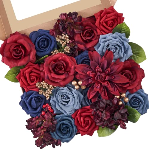 Serwalin Artificial Flowers Fake Cake Flowers Burgundy Navy Dahlia Flowers Box Set for DIY Wedding Bouquets Centerpieces Arrangements Party Baby Shower Home Decor