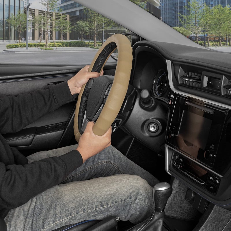 BDK Genuine Beige Leather Steering Wheel Cover for Car, Small 13.5-14 inch â€“ Ergonomic Comfort Grip for Men & Women, Car Steering Wheel Cover for Vehicles with Small Steering Wheel - Image 3