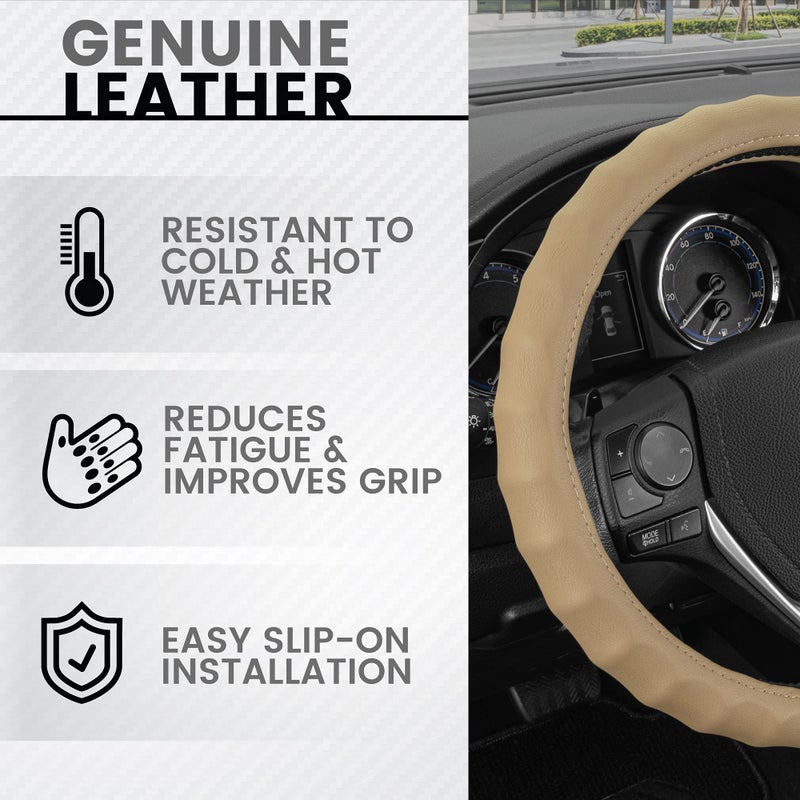 BDK Genuine Beige Leather Steering Wheel Cover for Car, Small 13.5-14 inch â€“ Ergonomic Comfort Grip for Men & Women, Car Steering Wheel Cover for Vehicles with Small Steering Wheel - Image 2