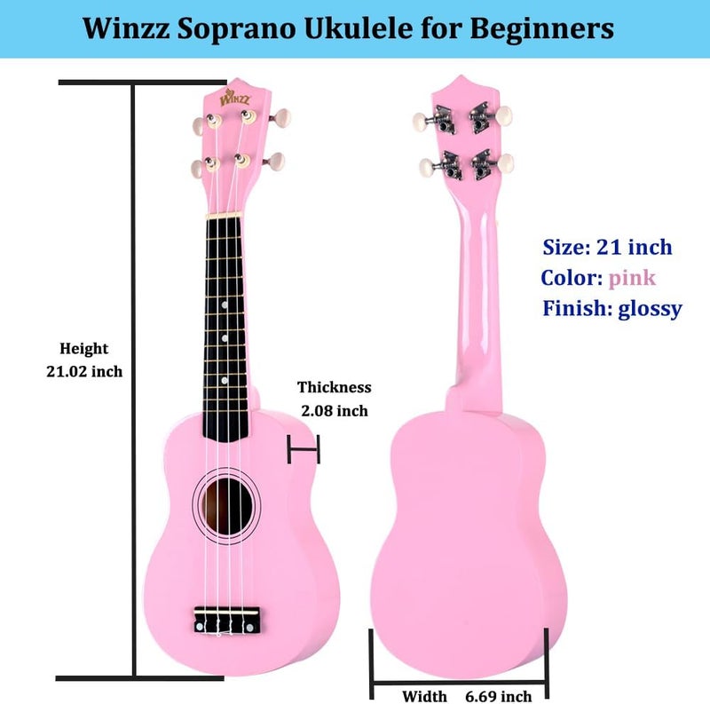 وينز مجموعة Soprano Ukulele للمبتدئين مع حقيبة، موالف قابل للتثبيت، أوتار إضافية، حزام، معول، ملصقات الحنق، بطاقة الأوتار، قطعة تلميع، وردي - Image 2