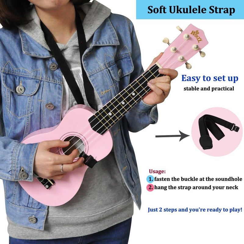 وينز مجموعة Soprano Ukulele للمبتدئين مع حقيبة، موالف قابل للتثبيت، أوتار إضافية، حزام، معول، ملصقات الحنق، بطاقة الأوتار، قطعة تلميع، وردي - Image 5