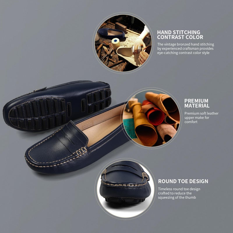 Artisure Women's Classic Comfort Navy Leather Penny Loafers Casual Slip-Ons Lightweight Walking Flats Driving Mocs Boat Shoes 6 M US - Image 4
