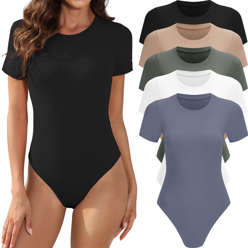 MLYENX 5 Pack Body Suits for Womens Short Sleeve Round Neck Casual Stretchy Basic T Shirt Bodysuit Tops XL - Image 1