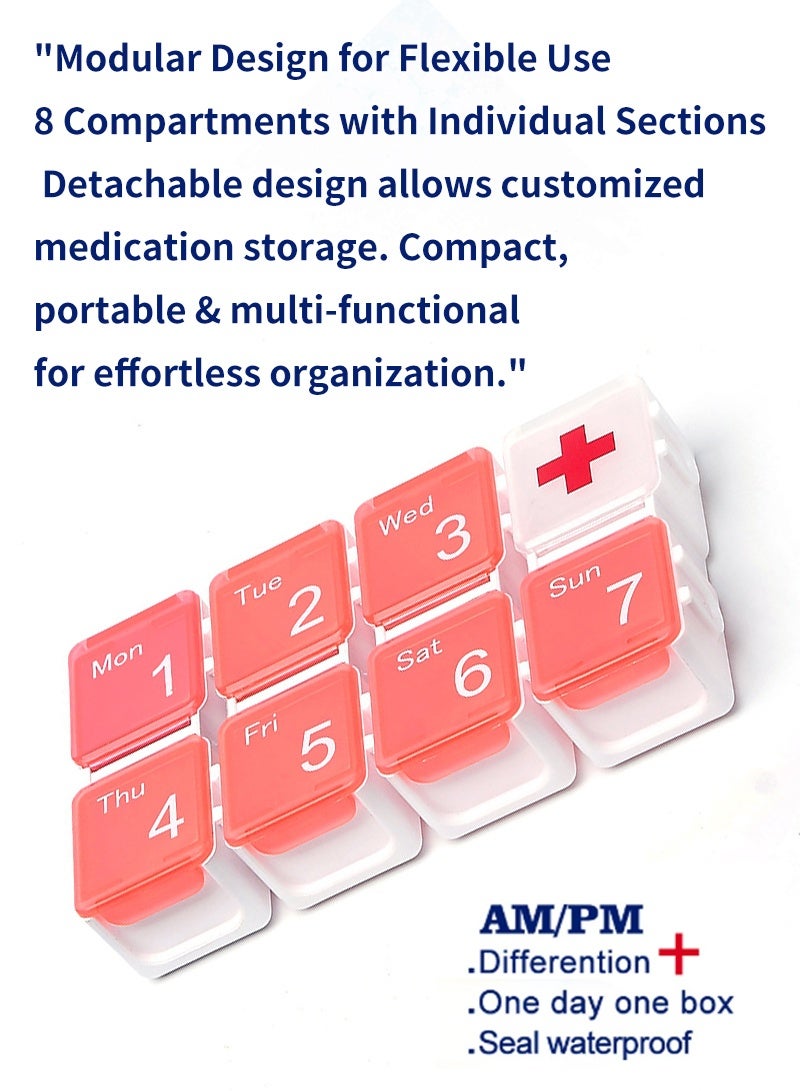 lebonaer Pill Boxes 7 Day Portable Storage Box Weekly Organizer to Hold Vitamins, Cod Liver Oil, Supplements and Medication for Travel Work(Red) - Image 3