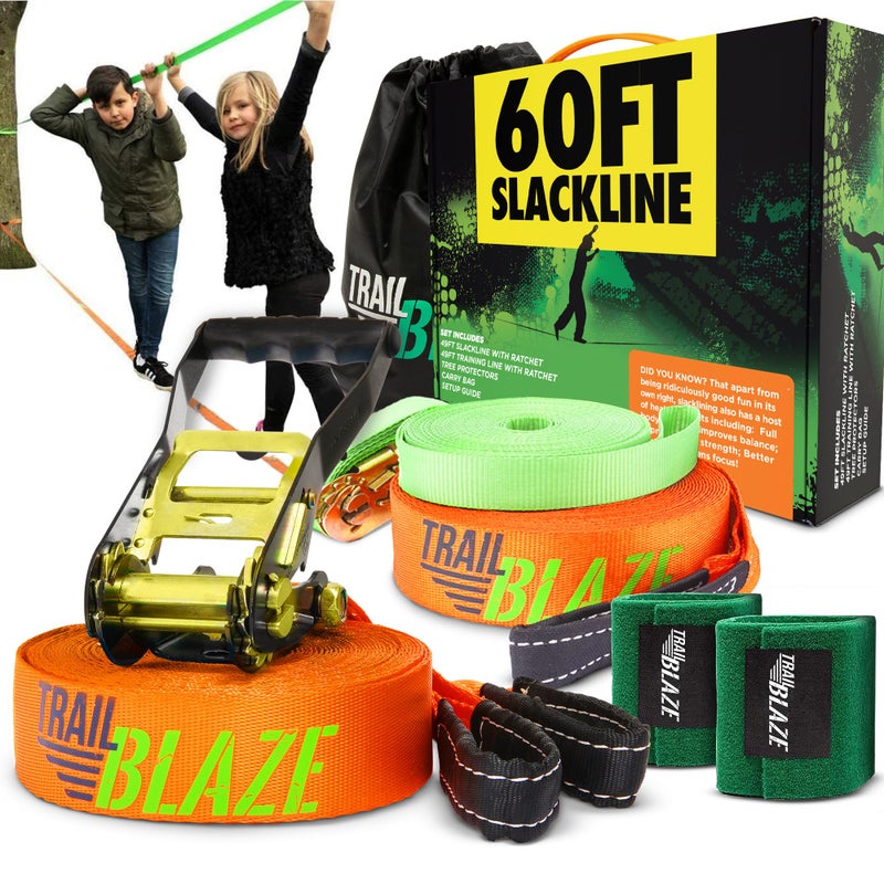 Trailblaze Complete Slackline Kit with Training Line - 60ft Slack Lines for Backyard for Kids and Adults, Wider Tree Protectors - Ninja Slackline Kit for Kids Outdoor Play Equipment - Image 1