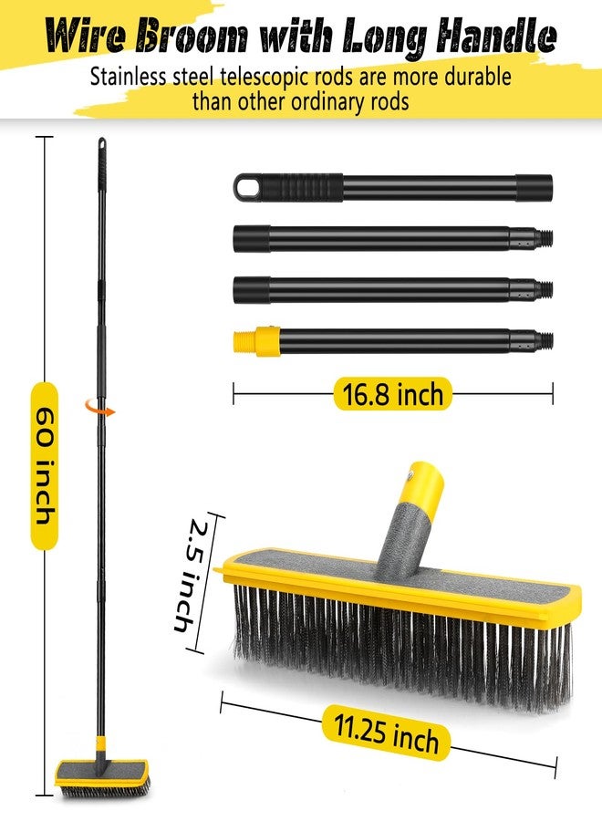 JIURAIN Heavy Duty Broom Wire Floor Scrub Brush with Long Handle, 2 in 1 Scrape and Stainless Steel Bristle Brooms Scrubber for Deck Concrete Patio Outdoor Moss Removal - Image 3